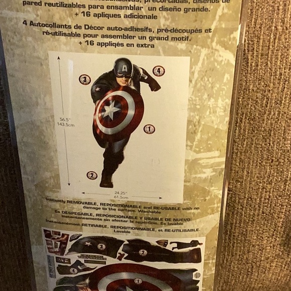 Captain America peel & stick wall decals. 4 adhesive precut reusable. - Picture 2 of 6